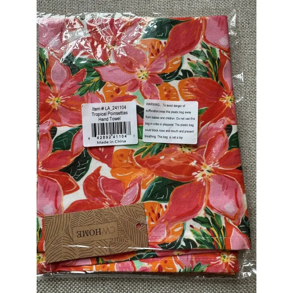 CW Home Tropical Poinsettia Kitchen Towels Qty 2 Cotton Floral Pink Orange NWT